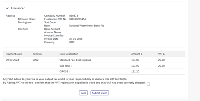 Screenshot of Claim submission page showing the rates, with Back and Submit Claim buttons at the bottom