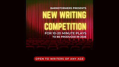 The text 'barnstormers presents new writing competition' over a theatre stalls and curtain background