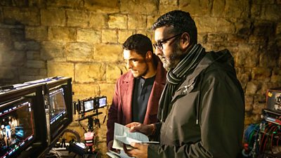 Actor Staz Nair and creator AA Dhand in a behind the scenes shot on the set of Virdee