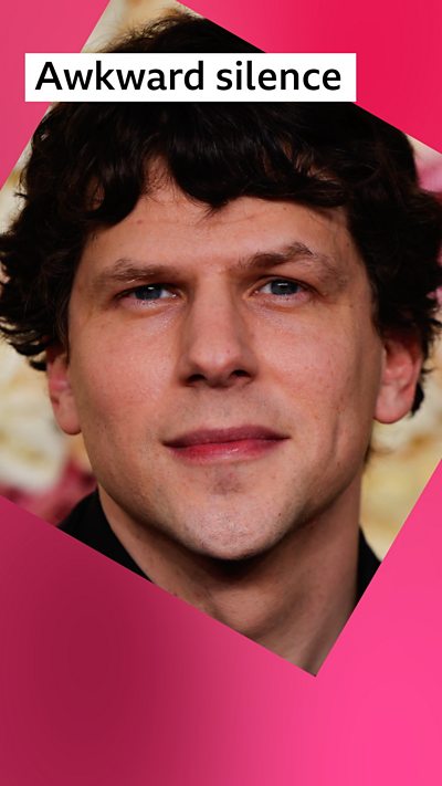 A man, Jesse Eisenberg, looks at the camera. He has a neutral expression. Text reads Awkward Silence