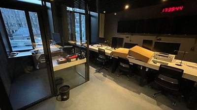 Suspilne (Public) newsroom in Kyiv being closed down on Friday 25 February 2022 