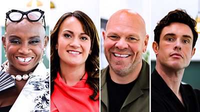 Andi Oliver, Lorna McNee, Tom Kerridge all smiling at the camera.  Ed Gamble is pouting