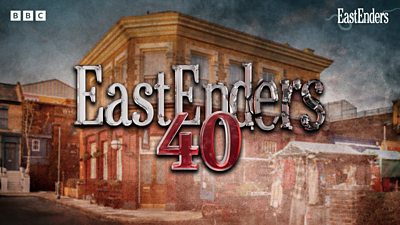 Artwork for EastEnders at 40 featuring a logo for the anniversary over an image of the Queen Vic pub. 