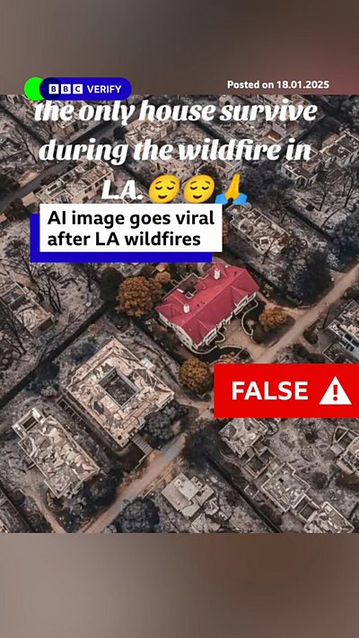 A fake aerial image of a single house amongst rubble with the caption 'the only house survive during the wildfire in L.A.'