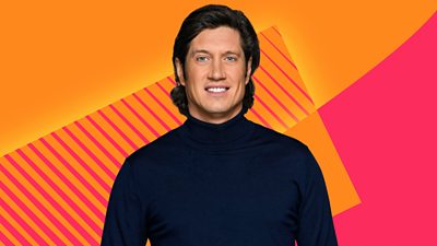 Vernon Kay smiling. Behind him, forming the background of the image, are the Radio 2 bright pink and orange graphics.