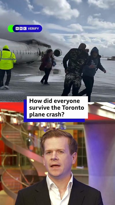 A composite splitscreen, featuring a still image of the Toronto plane crash and BBC Verify correspondent Nick Eardley