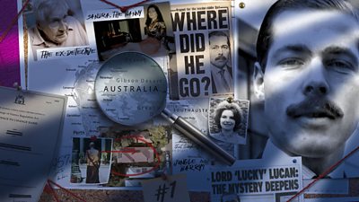 A composite of vinatge photos of Lucan, a magnifying glass, maps and newspaper cuttings
