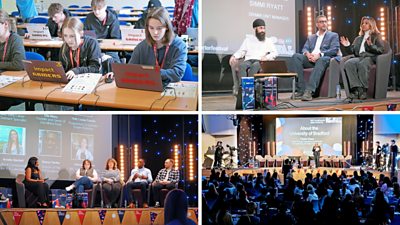 A collage of four images. First: young people on "Impact Gamers" laptops. Second: Three speakers on the stage. Four: Four speakers and a host on stage. Fifth: One speaker in front of an audience.