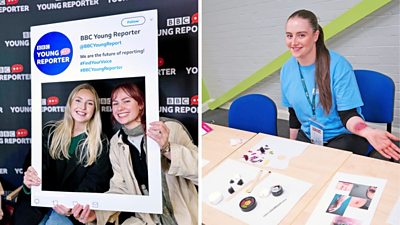 A collage of two images. First: Two women posing with a Young Reporter frame prop. Second: A young person participates in a wound makeup tutorial.
