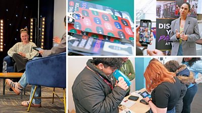 A collage of four images. First: Two speakers on the stage. Second: A pile of ID cards with the Young Reporter Festival logo. Third: A speaker in front of a promotional poster. Fourth: Young people play with old technology.