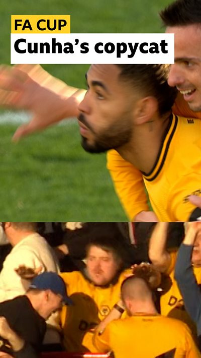 Matheus Cunha celebrates with a Wolverhampton Wanderers fan