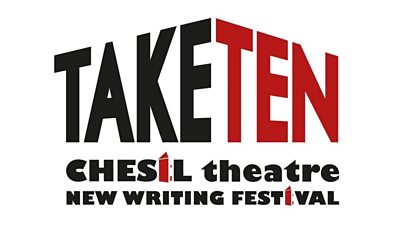 The text 'taketen chesil theatre new writing festival' in black and red text on a white background