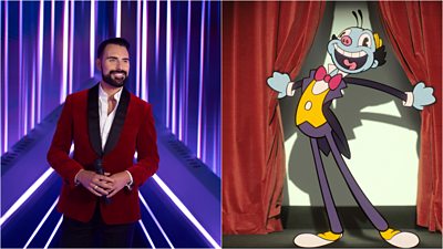 Left: A man in a red velvet suit stands holding a microphone on a purple stage. Right: A tall slender blue cartoon character in a suit and bowtie smiles as he stands between open red velvet curtains on a stage