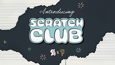 The text 'introducing scratch club' in balloon writing on a dark blue background with a torn paper effect