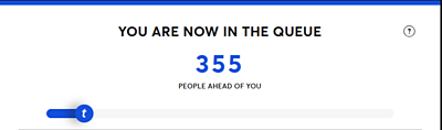 A screenshot of the Ticketmaster queueing system with text reading: YOU ARE NOW IN THE QUEUE. 355 PEOPLE AHEAD OF YOU.