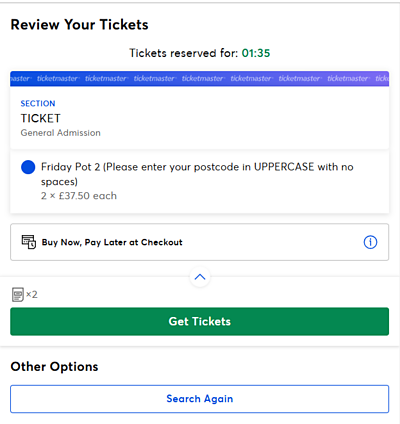 Screenshot of Review Your Tickets screen. The text lists that two Friday pot 2 tickets are in the basket, and there is a button at the bottom which reads 'Get Tickets'