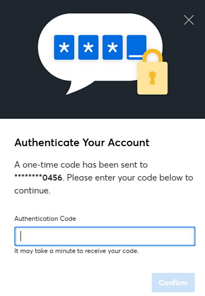 A screenshot of the phone verification page. Text reads: "Authenticate Your Account. A one-time code has been sent to ****0456. Please enter your code below to continue."  Followed by a text field titled "authentication code" with information below saying "it may take a minute to receive your code." At the bottom there is a "Confirm" button.