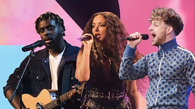 A composite image of Myles Smith playing guitar and singing, and JADE and Tom Grennan singing into microphones