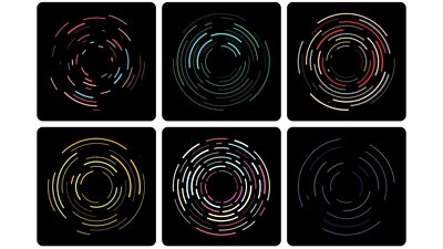 Another illustration of the design, showing the circular dotted lines in six different forms - some have a greater density of lines, some have less, some lines are more solid, some lines are very broken up with sections of them missing. The designs are in a variety of colours.