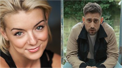 Sheridan Smith headshot next to an image of Michael Socha sat down on a step with his hands clasped together. He wears a beige jacket and light denim turn up jeans
