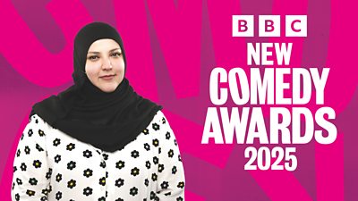The text New Comedy Awards 2025 on a bright pin k background next to a picture of head judge Fatiha El-Ghorri a woman wearing a hijab