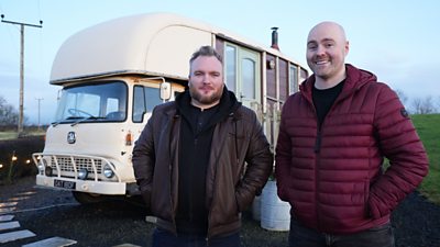 Paddy Raff and Mickey Bartlett at a converted horsebox in County Antrim