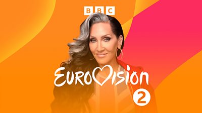 Michelle Visage is set against a red and orange background