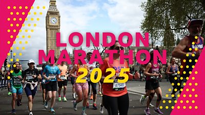Artwork for coverage of the London Marathon 2025. Featuring people running in front of the Houses of Parliament. Big Ben is visible in the background. 