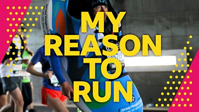 Artwork for My Reason to Run - London Marathon 2025. Featuring the title written in yellow, block text over the top of a photo of runners completing the course. 