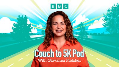Composite image of Giovanna Fletcher smiling with an illustrated road, trees and sun behind her. Couch to 5K Pod With Giovanna Fletcher in white writing