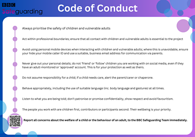 Blue and purple background with a list of required behaviours that form the ÃÛÑ¿´«Ã½ Safeguarding Code of Conduct