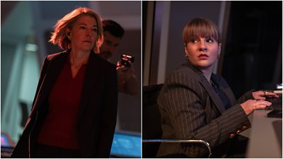 Left: A woman stands looking defiantly at something off screen while a man behind her points a gun in the same direction. Right: A woman sits at a keyboard looking concerned at what's happening behind her off screen