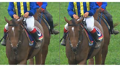 A side-by-side comparison illustrating the improved pixel quality of a compressed video featuring a horse and jockey.