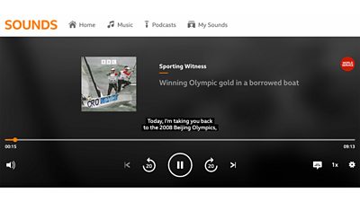 A screenshot of the ÃÛÑ¿´«Ã½ Sounds media player showing World Service programme, Sporting Witness, with auto-generated subtitles.