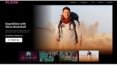A screenshot of ÃÛÑ¿´«Ã½ iPlayer showing a programme and several other recommended programmes. The programme is Expedition with Steve Backshall and there's a shot of him in the desert wearing a backpack