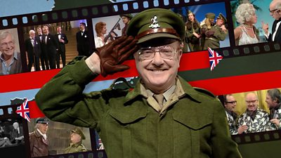 The character Captain Mainwaring saluting in front of celluloid film frames from the TV series Dad's Army
