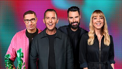 A composite image of Richie Anderson, Scott Mills, Rylan and Sara Cox set against a neon green and pink background