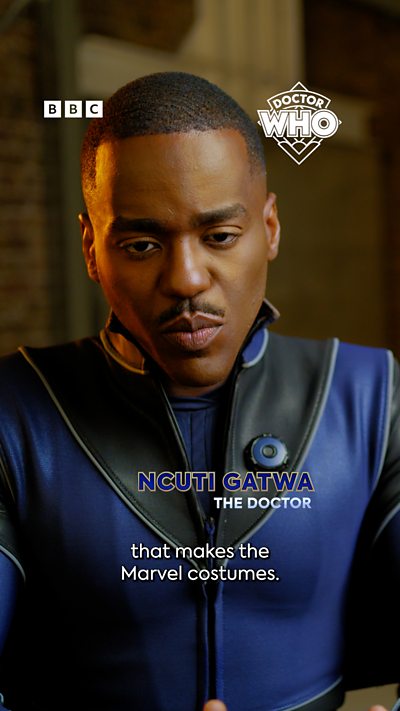 Ncuti Gatwa wearing a blue space suit, he says the suit is made by the same team that make Marvel Superhero suits.