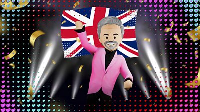 A computer game character with grey hair and a pink jacket stands waving in front of a Union Jack flag