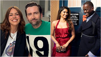 Left: Billie Piper and David Tennant sit together smiling. Right: Varada Sethus and Ncuti Gatwa on set together, laughing