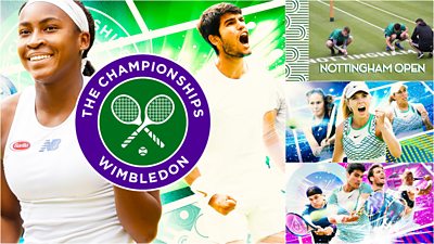 Grid image featuring artwork for Queen’s Club, the grass court season at Nottingham, Eastbourne and Wimbledon.