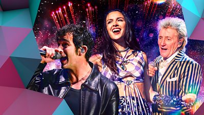 A composite image of Matty Healy of The 1975 singing into a microphone, Olivia Rodrigo smiling and Rod Stewart performing with a microphone in hand