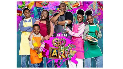 A family wearing colourful clothes and aprons holding art materials such as paintbrushes and art palettes