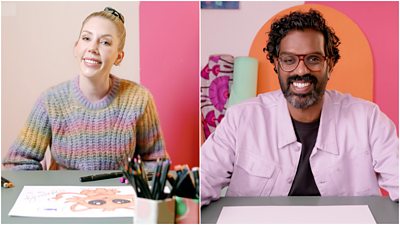 Katherine Ryan and Romesh Ranganathan sat at a desk in a collage image working on their drawings and smiling