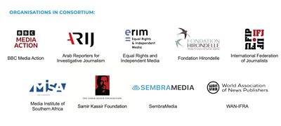 Logos for ѿý Media Action, Arab Reporters for Investigative Journalism, Equal Rights and Independent Media, Fondation Hirondelle, International Federation of Journalists. Media Institute of Southern Africa, Samir Kassir Foundation, SembraMedia, WAN-IFRA, 