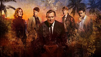 A grainy, gold speckled, arty image of the Gold characters with palm trees in the background and a sunset sky