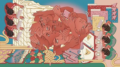 people in front of computers seeming stressed, a number of faces overlaid over each other, squashed emojis and other motifs.