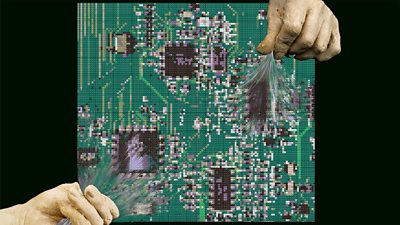 Two ceramic-like hands grip and pull on delicate threads that emerge from a "woven circuit board." The contrast between the rigid, heavy material of the hands and the soft, fragile threads creates a visual paradox, symbolising the insertion of human touch into the mechanised world. The image evokes a sense of personified anonymity, questioning whose histories and labours are being revealed or concealed when the threads of technology are pulled.