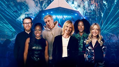 Glastonbury 2025 presenters Huw Stephens, Clara Amfo, Jack Saunders, Jo Whiley, Jamz Supernova and Lauren Laverne are pictured set against a backdrop of a crowd at Glastonbury's Pyramid Stage