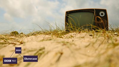 A vintage TV on what appears to be sand dunes. A logo for ÃÛÑ¿´«Ã½ R&D 2020 Showcase is in the corner of the image.